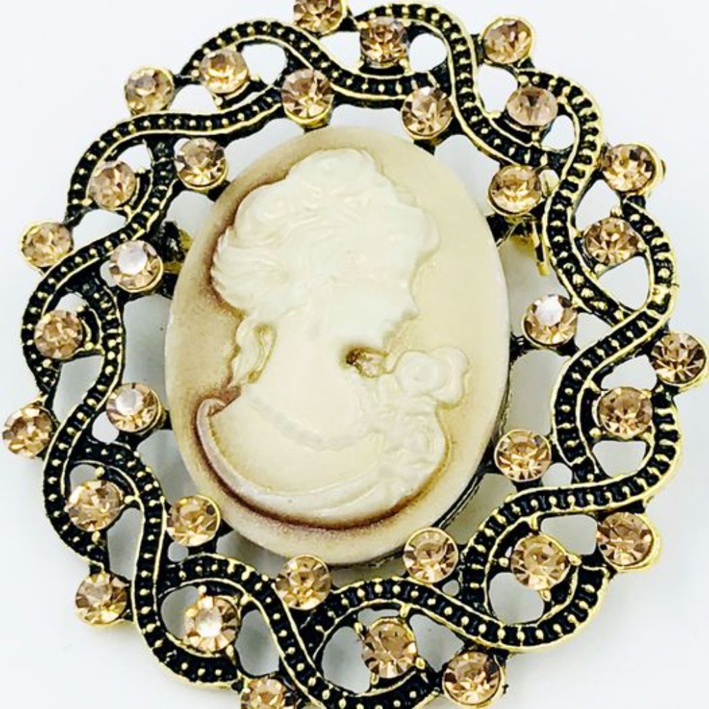 Cream Cameo Brooch With Brown Crystal Glass Rhinestones.